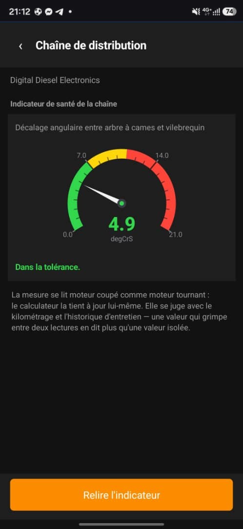 Indicateur de santé de la chaîne : décalage angulaire entre arbre à cames et vilebrequin de 4,9 degCrS, dans la tolérance.