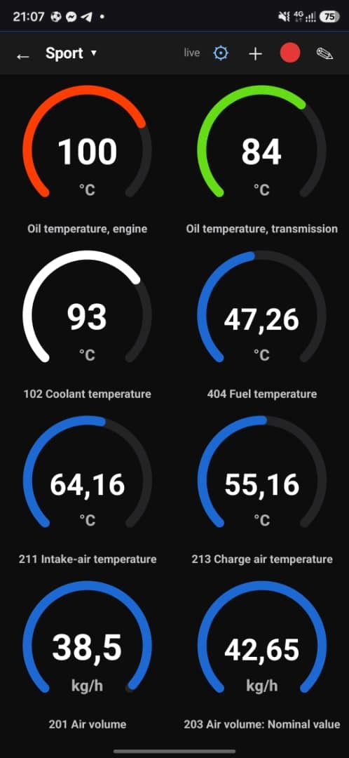 Tableau de bord en mode Sport : température d'huile moteur et de boîte, liquide de refroidissement, carburant, air d'admission et de suralimentation, débits d'air.