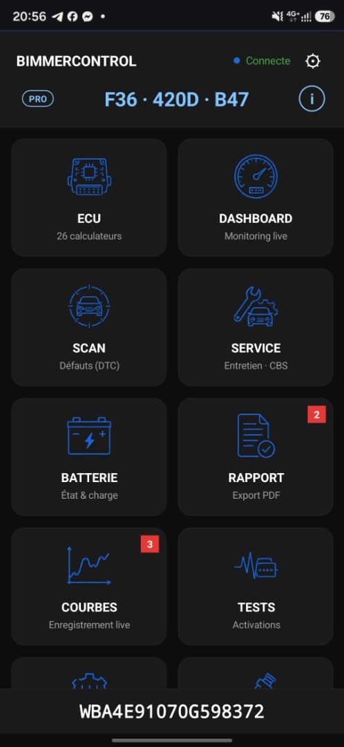 Écran d'accueil de BimmerControl sur une F36 420d B47 : ECU, dashboard, scan, service, batterie, rapport, courbes, tests, avec le VIN en bas.