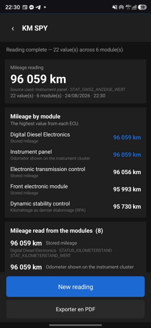 KM SPY : 96 059 km retenus, 22 valeurs relevées sur 6 modules, avec le détail par calculateur et l'export PDF.